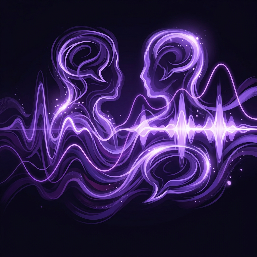 Voice AI companion — glowing sound wave patterns in deep purple