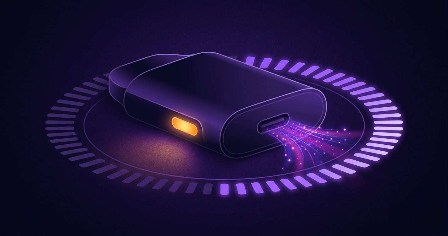Tidal Seal device showing amber battery warning light next to USB-C cable