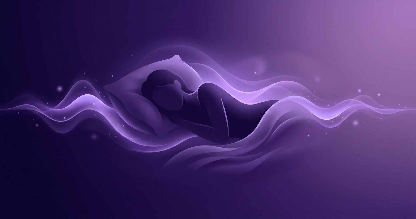 Dimly lit bedroom with a softly glowing device on the nightstand casting warm ambient light