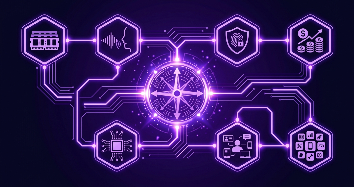 Six glowing orbs arranged in a constellation pattern representing different AI companion apps on a dark background