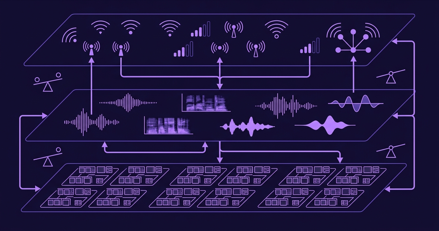 TidalSpace technology stack — layered architecture diagram with GPU servers, voice models and device connectivity