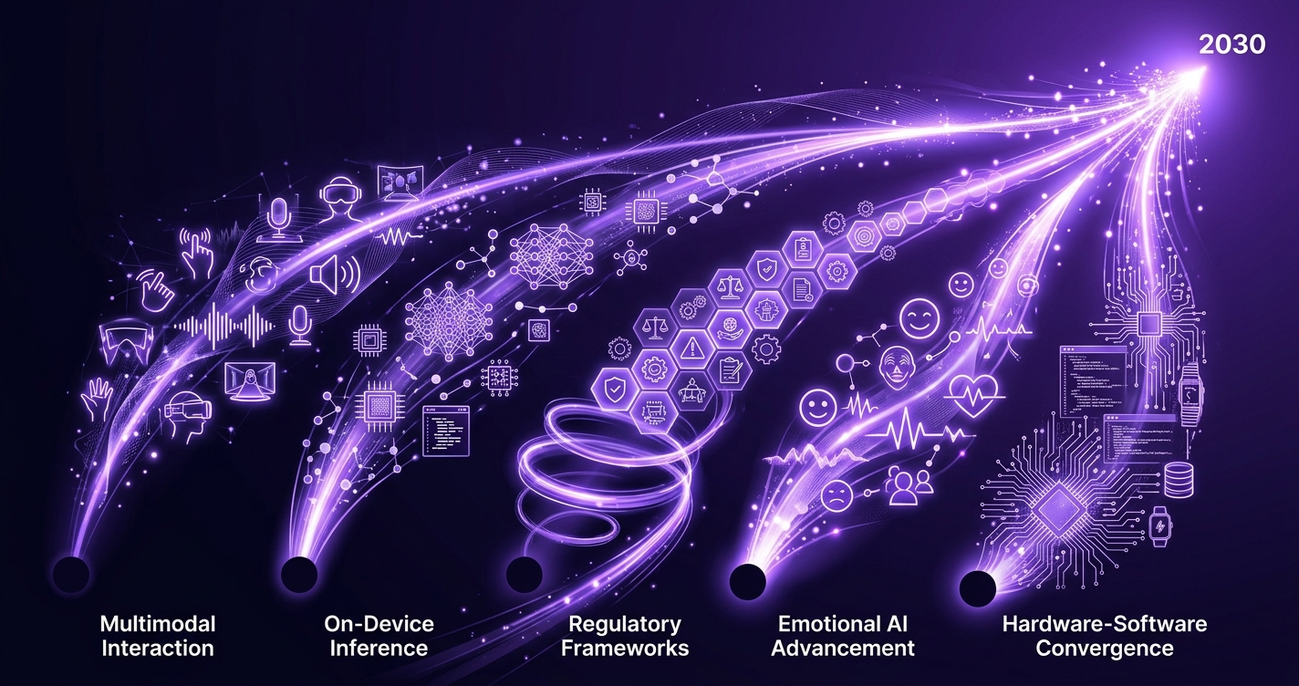 Future of AI companions 2026–2030 — timeline stretching toward a horizon of connected devices and human-AI interaction